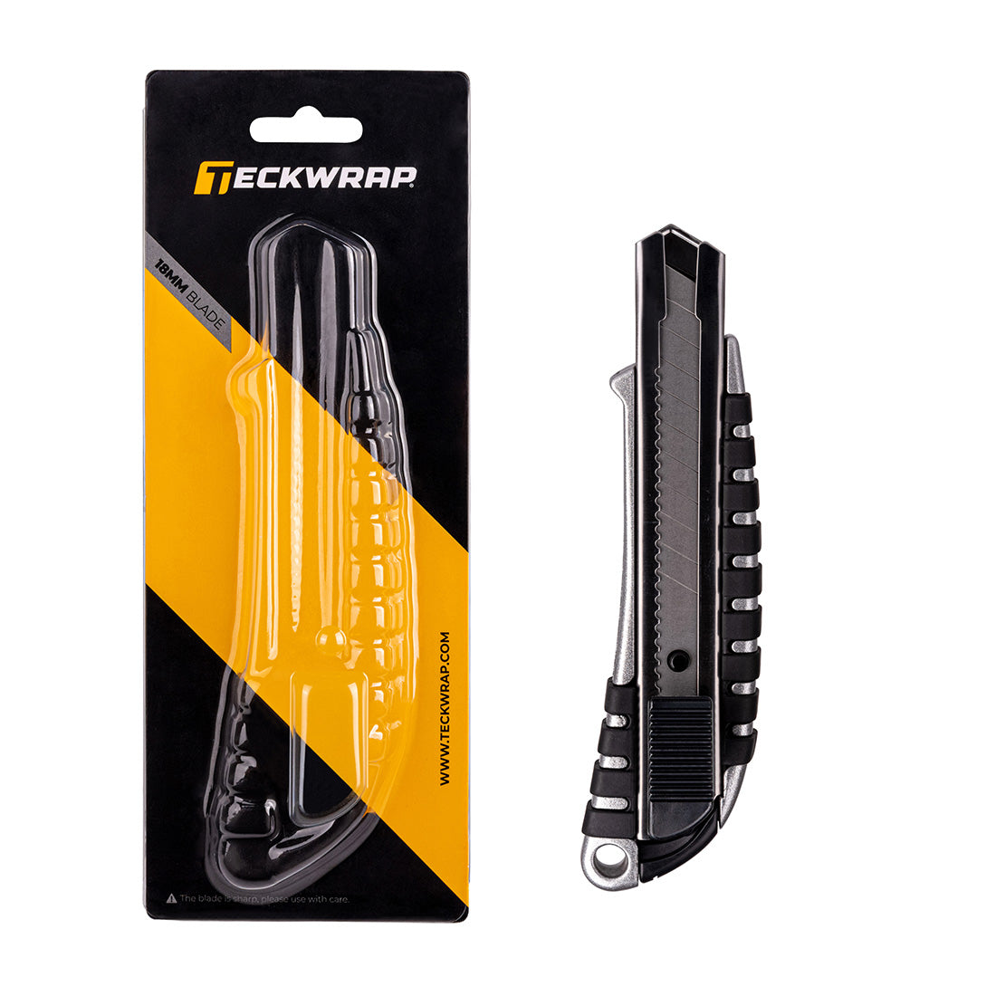TeckWrap 18mm blade utility knife shown alongside empty retail packaging, highlighting the knife’s textured grip and retractable blade for wrap and craft use.
