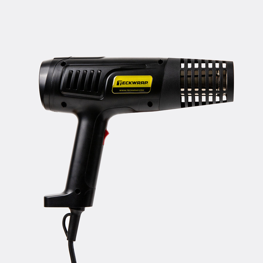 Opposite side profile of TeckWrap Standard Heat Gun featuring yellow TeckWrap branding and protective nozzle cage.