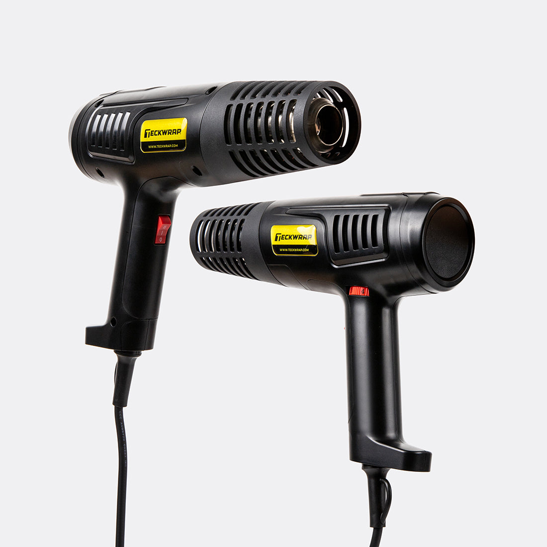 Front and side view of TeckWrap Standard Heat Gun, highlighting the vented nozzle and dual safety switches for efficient heat application.