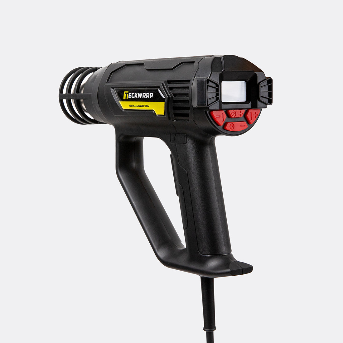 TeckWrap heat gun angled rear view with digital display and red control buttons for precise temperature adjustment