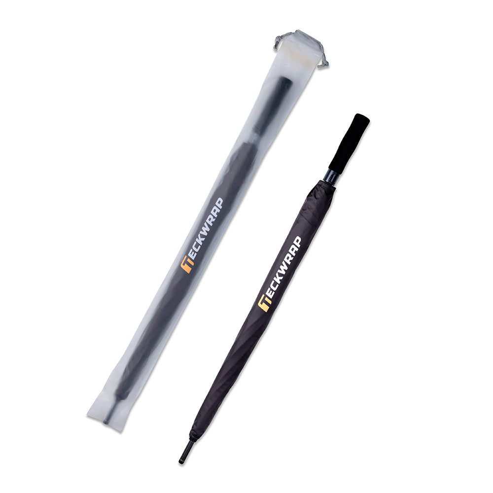 TeckWrap umbrella in closed position with branded fabric sleeve and transparent carry case.