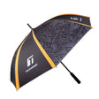 TeckWrap branded black and yellow umbrella opened with detailed pattern design on canopy.