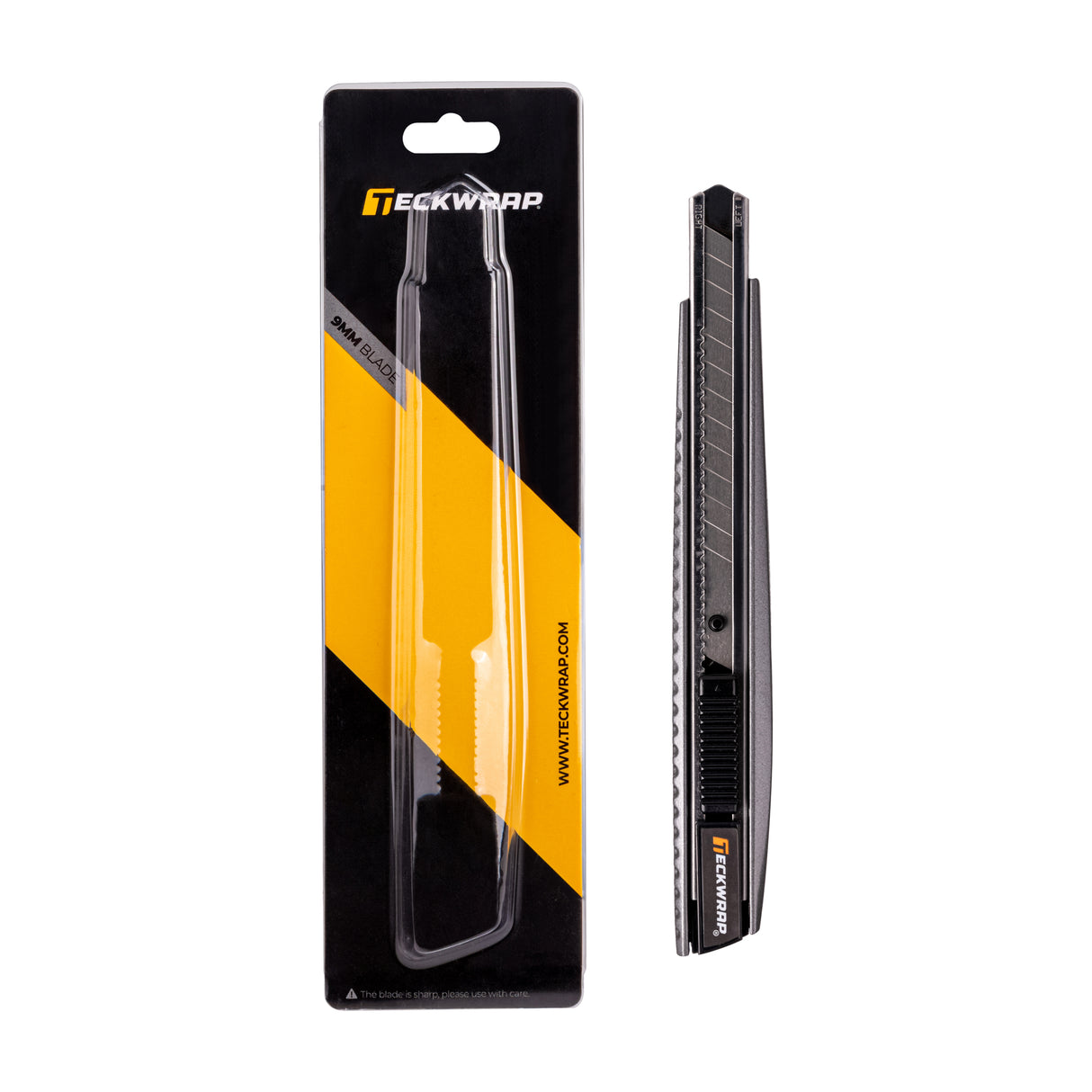 TeckWrap 9mm Utility Knife shown inside and outside of packaging – professional cutting tool for vinyl wrap applications.