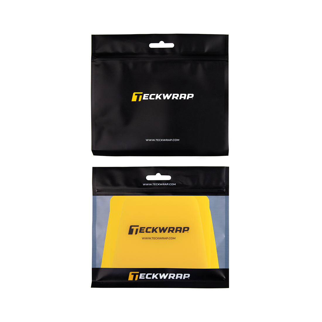 TeckWrap yellow squeegee duo with rounded corners packaged in a black and transparent resealable pouch – essential tool for smooth vinyl wrap applications.