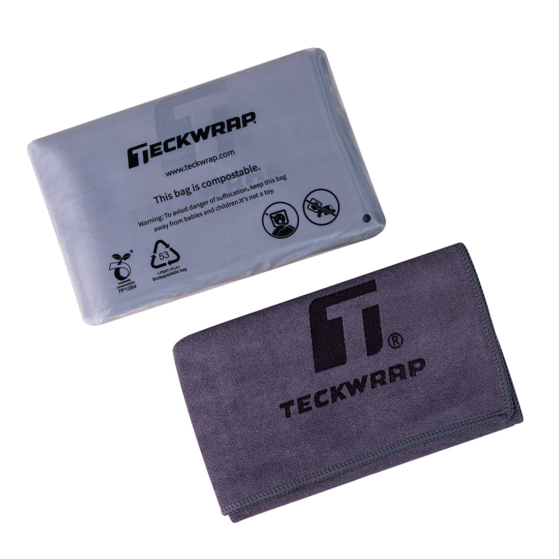 TeckWrap branded microfiber cleaning towel in compostable packaging, folded and ready for use
