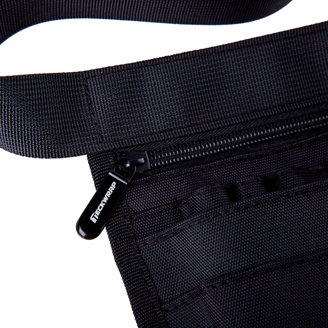 Detailed shot of the zipper puller with TeckWrap branding on the tool pouch.