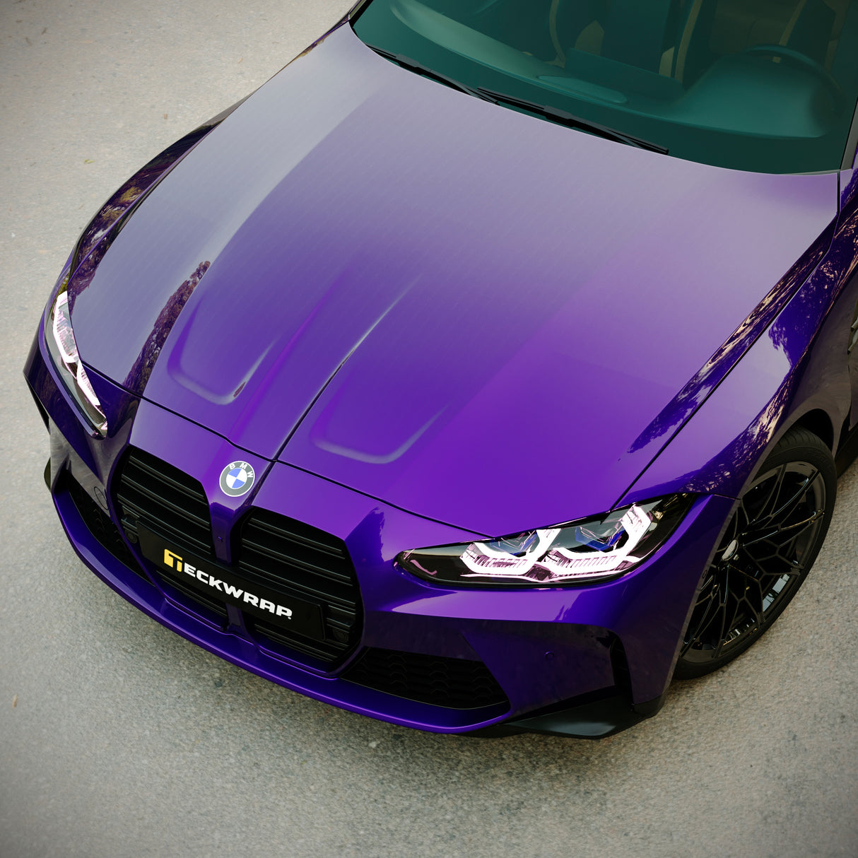 Top hood view of BMW with TeckWrap Silent Purple (GAL34-HD) gloss vinyl wrap