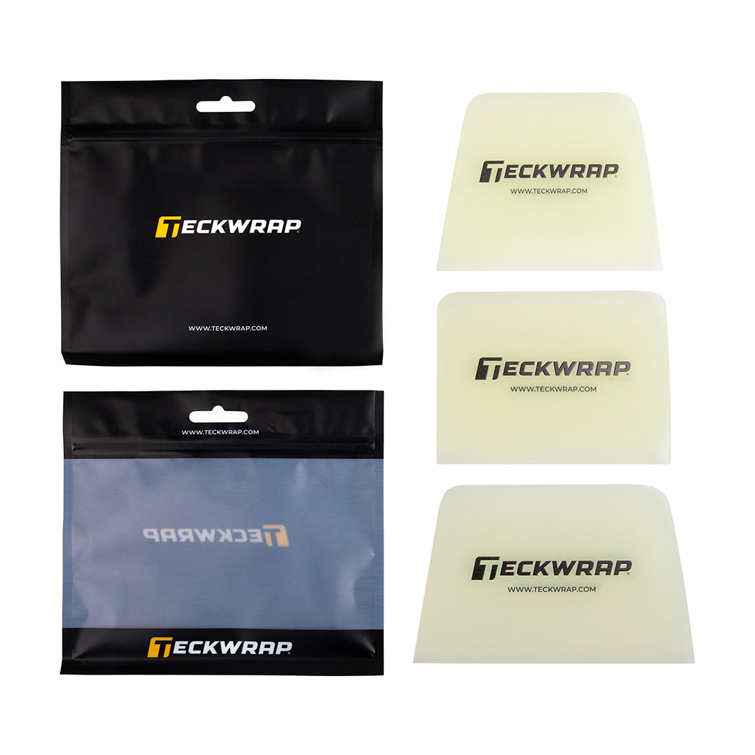 TeckWrap 3-piece squeegee set (TW-GBT-S03) featuring different edge designs, displayed with black and transparent product pouches – perfect for professional vinyl installation.