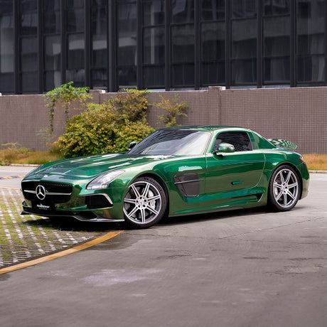 Mercedes SLS AMG fully wrapped in TeckWrap Phantom Green RB37-HD gloss vinyl, parked outdoors.