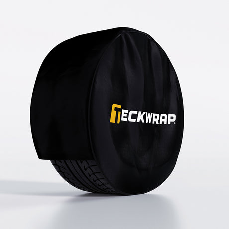 TeckWrap branded black wheel cover protecting tire for vehicle wrap applications