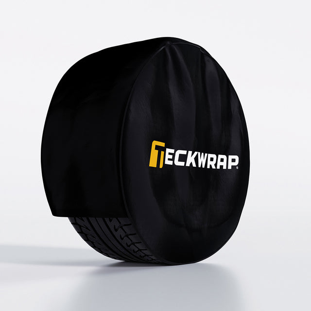 TeckWrap branded black wheel cover protecting tire for vehicle wrap applications