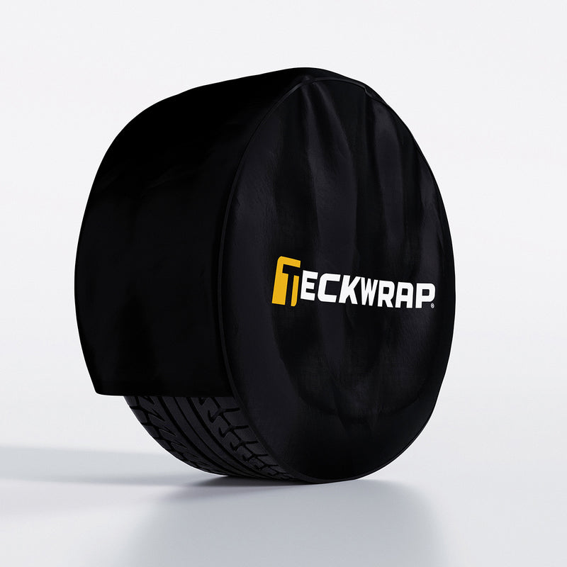 TeckWrap branded black wheel cover protecting tire for vehicle wrap applications
