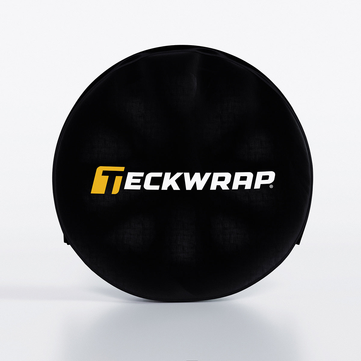 Front view of TeckWrap wheel cover showing logo on durable black material