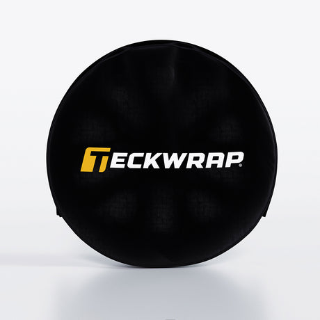 Front view of TeckWrap wheel cover showing logo on durable black material
