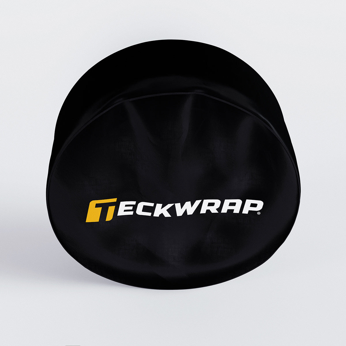 Top angle of TeckWrap wheel cover demonstrating full tire protection and branding