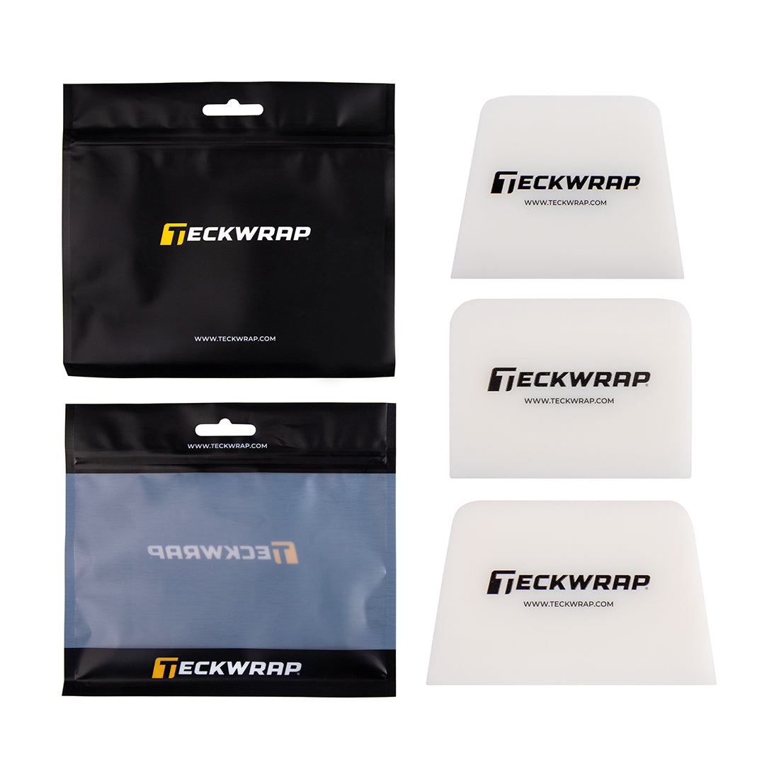 TeckWrap white 3-piece vinyl wrap squeegee set (TW-GBT-S01) with unique edge profiles, shown with matte black and clear resealable packaging – designed for automotive wrap use.