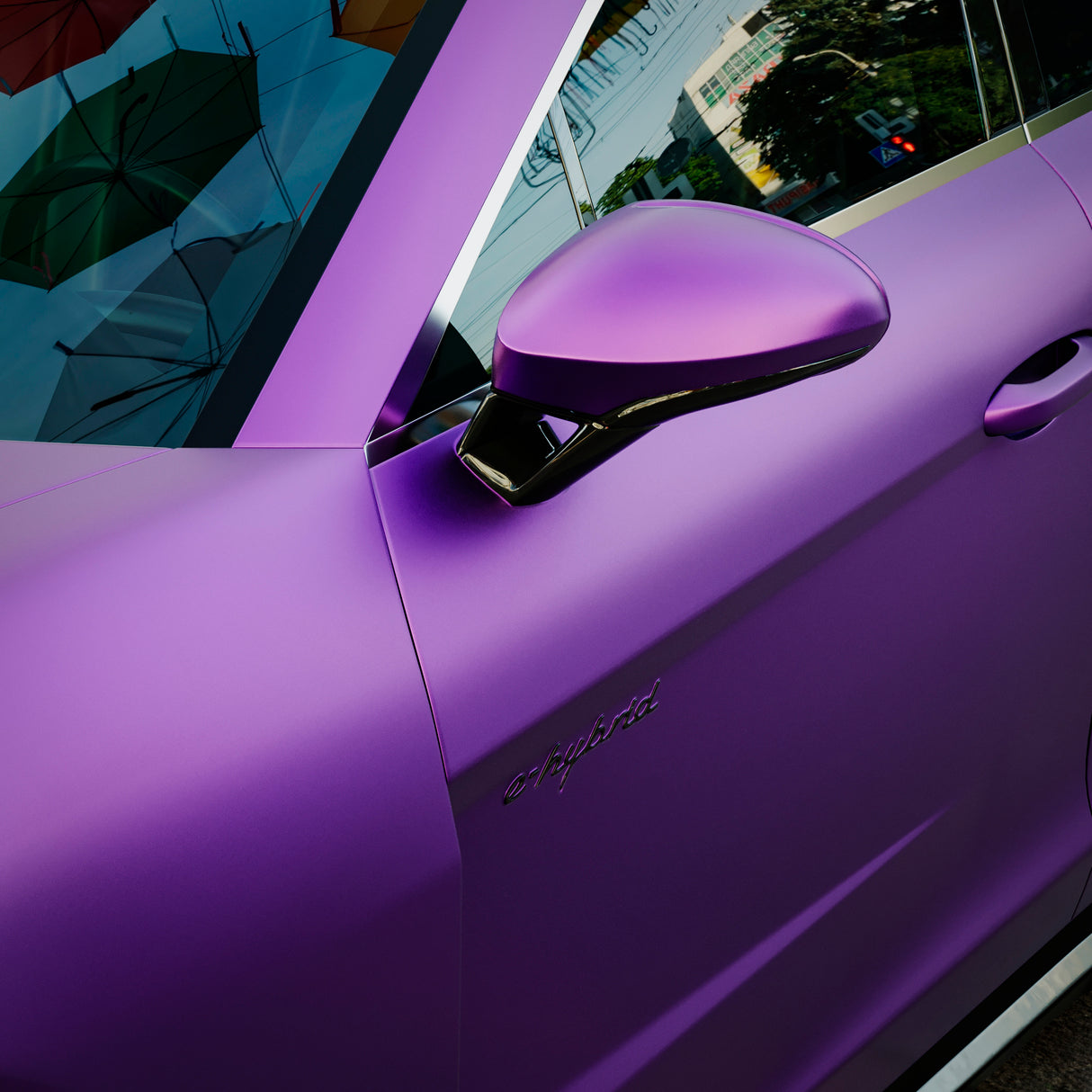 Close-up of Porsche side mirror and door wrapped in TeckWrap Deep Lavender (SMT20) satin matte film