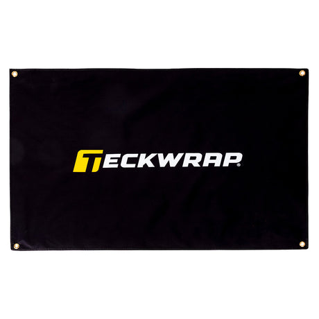 TeckWrap branded black promotional banner with four gold grommets for easy hanging display at events or workshops