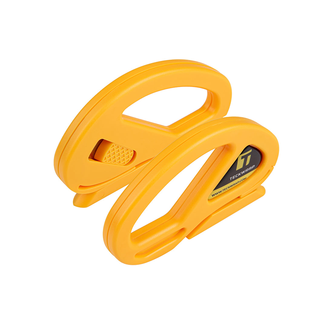 Angled view of TeckWrap Safety Cutter showing durable orange plastic body, finger grip design, and blade safety enclosure.