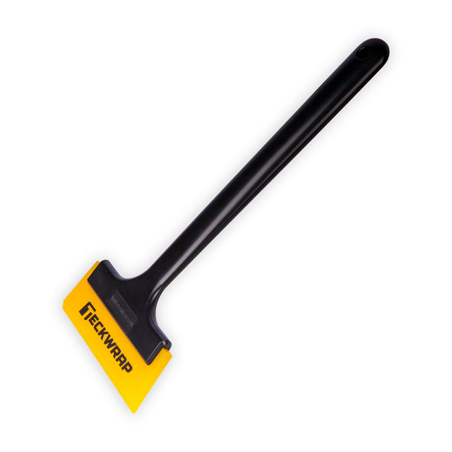 TeckWrap Window Tint Rubber Squeegee with long ergonomic black handle and durable yellow silicone blade, angled view showcasing premium build for professional vinyl wrapping, window tint installation, and adhesive film applications.