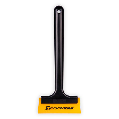 Front-facing image of TeckWrap Window Tint Squeegee featuring a sleek long black handle and firm yellow rubber edge, designed for smooth vinyl wrap application, bubble-free window film installation, and precise tinting results.