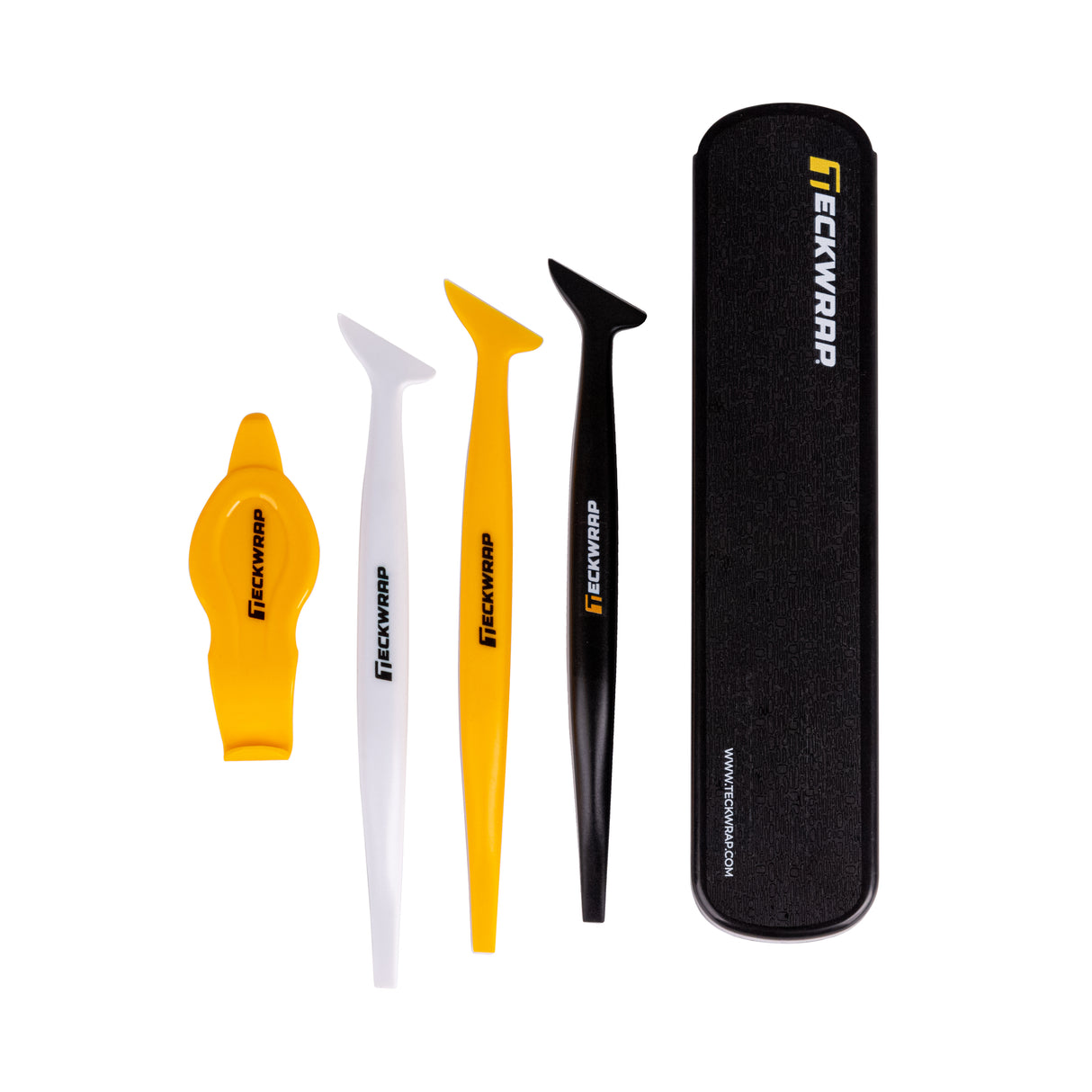 TeckWrap 4-piece tucking tool set displayed with case – includes precision tools in black, white, yellow for vehicle vinyl wrapping.