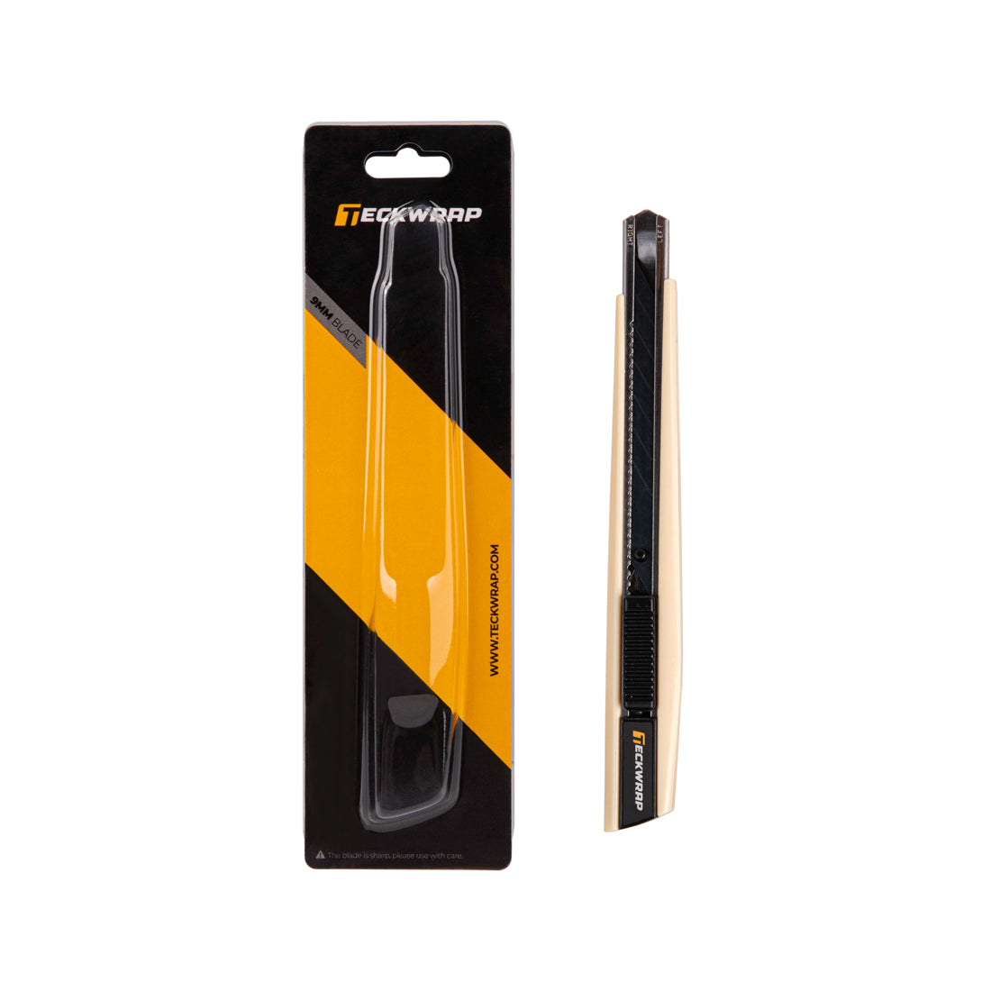 TeckWrap 9mm beige utility knife with retail blister pack – ergonomic precision cutting blade for wrapping projects.
