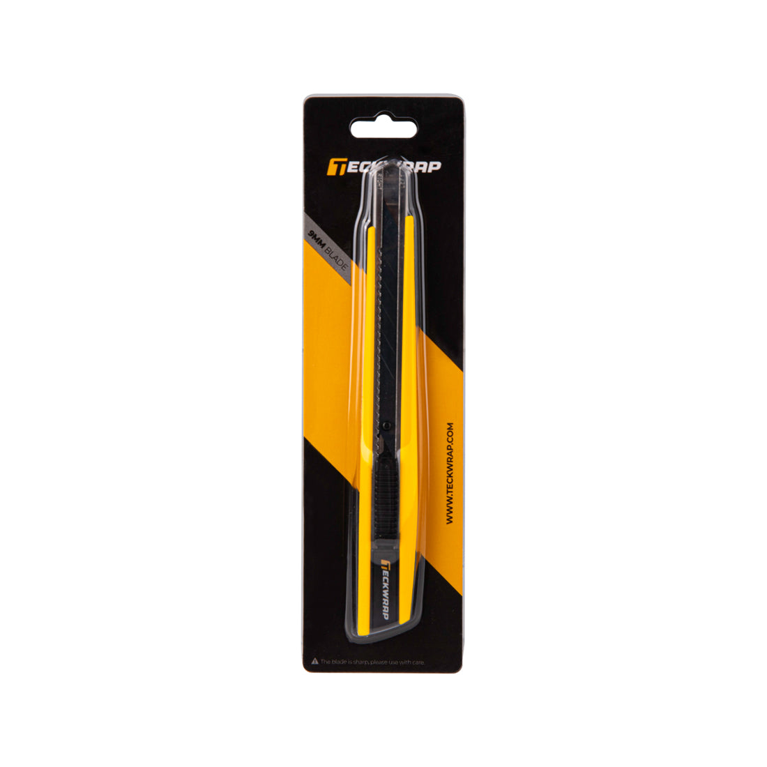 TeckWrap 9mm yellow utility knife in retail packaging – professional snap-off blade cutter for vinyl wrap installers.