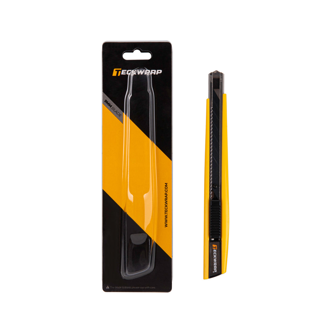 TeckWrap 9mm yellow utility knife with retail blister pack – premium snap-off cutter for vinyl wrap and DIY.
