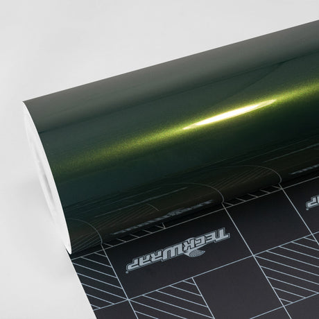 Close-up roll of TeckWrap Phantom Green RB37-HD gloss vinyl wrap showcasing its premium metallic finish.