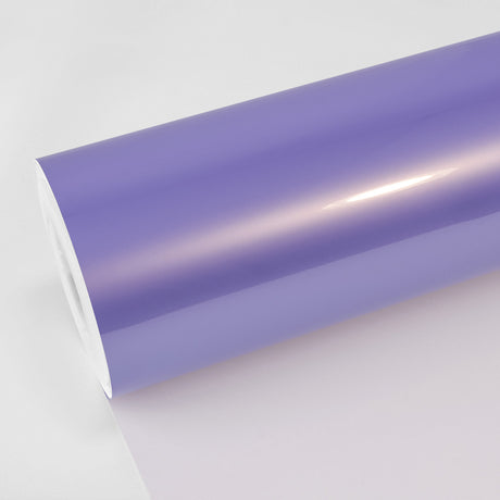 Close-up of TeckWrap Royal Purple (SL07-HD) glossy vinyl wrap roll showcasing smooth surface and vibrant lavender-purple finish.