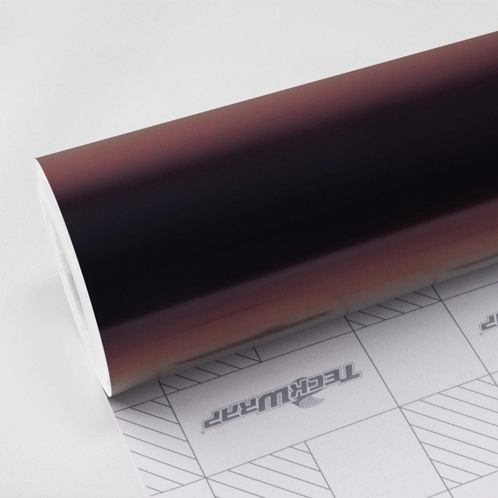 Glossy roll of TeckWrap Chameleon metallic Madeira Red Matte (RD17-M) vinyl wrap showcasing a deep red to dark purple gradient finish.