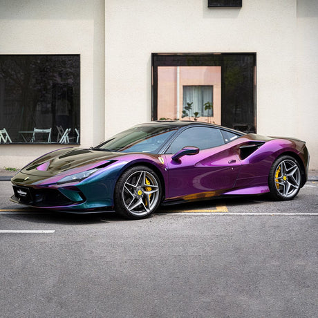 Ferrari sports car wrapped in TeckWrap Purple Flame RD21PRO-HD chameleon vinyl showing purple-green shift