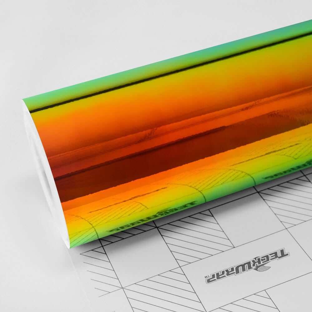 TeckWrap Chrome Ammolite Gem (MCH02) vinyl wrap roll with high-reflective green-orange chameleon finish