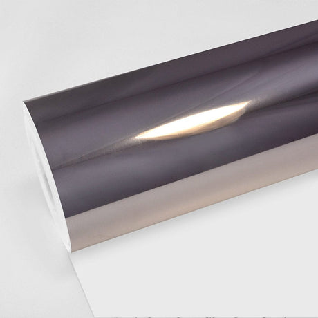 Jet Black (CHM10-HD) Chrome Vinyl Wrap roll showcasing a highly reflective, mirror-like gloss finish.