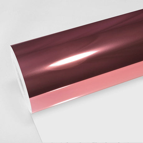 Roll of TeckWrap Rose Gold (CHM03-HD) Chrome Vinyl Wrap showcasing its reflective, glossy chrome surface with luxurious metallic finish.