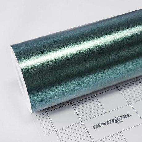 TeckWrap Forest Green (ECH19) Satin vinyl wrap roll, showcasing its rich metallic finish ideal for a premium vehicle transformation.