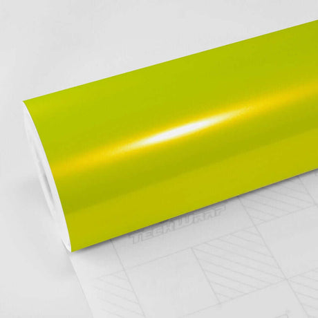 TeckWrap Gloss Acid Lime (RB07-HD) vinyl wrap roll highlighting vibrant lime color and smooth gloss finish.