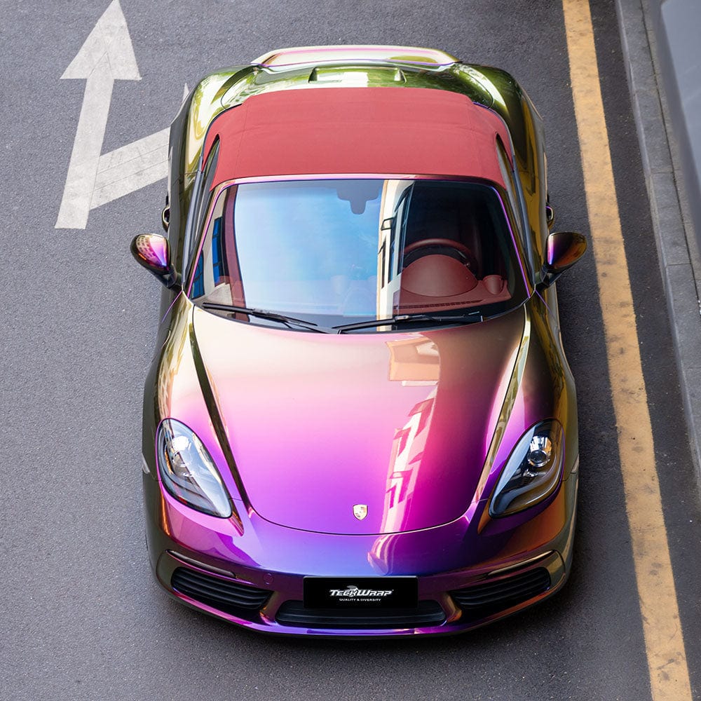 Top view of Porsche in TeckWrap Crazy Grape RD18-HD wrap displaying color-shifting gloss effect.