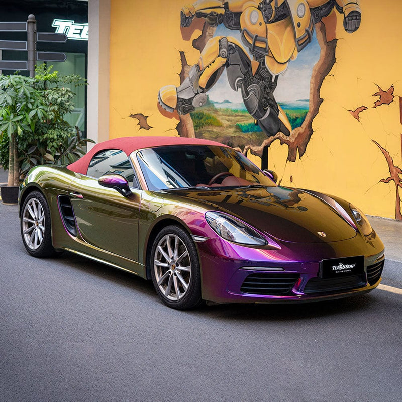 Porsche convertible wrapped in TeckWrap Crazy Grape RD18-HD gloss vinyl with a bold metallic finish.