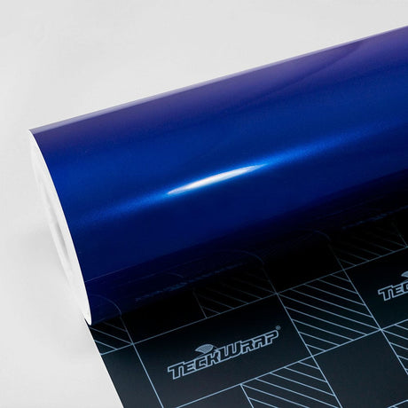 Close-up of TeckWrap Glossy Deep Blue (RB02-HD) Vinyl Wrap roll showcasing its vibrant, reflective finish and premium glossiness.