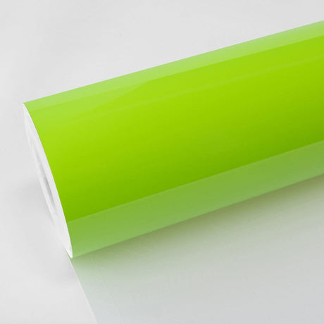 TeckWrap Gloss Gecko Green (CG41-HD) vinyl wrap roll showcasing its vibrant, high-gloss lime-green finish.