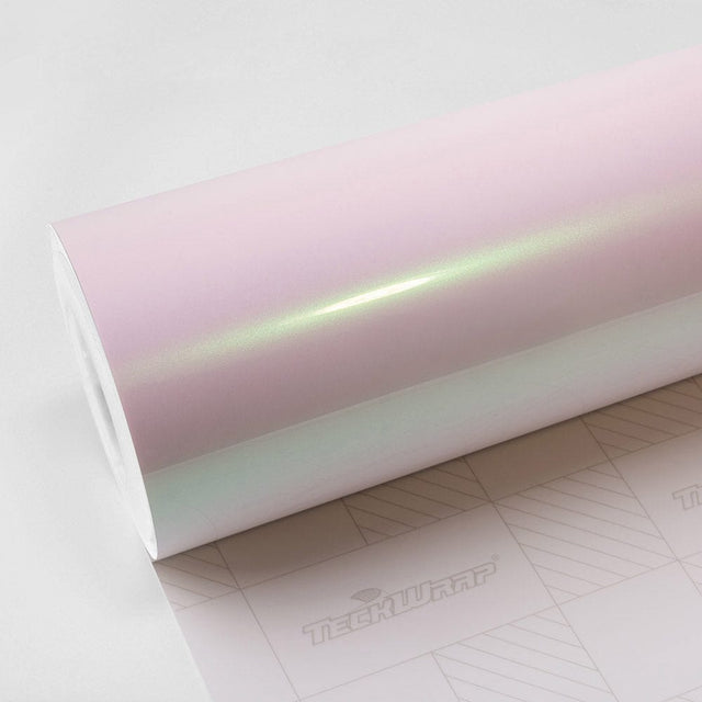 Close-up of Teckwrap Gloss Aurora White (DCH02-HD) vinyl wrap roll, highlighting its glossy, iridescent finish with subtle pink and green hues.
