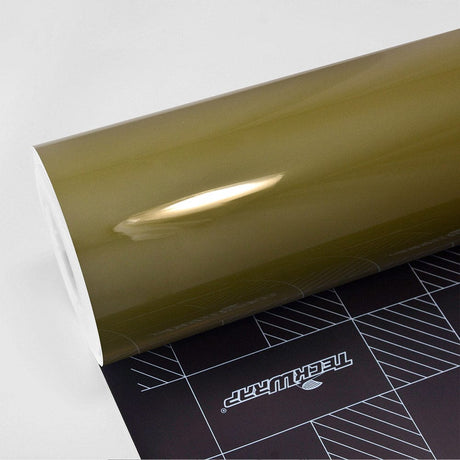 Khaki Green (CG29-HD) High Glossy Vinyl Wrap by TeckWrap displayed in roll form, featuring a rich olive-toned finish with intense gloss and reflective shine — perfect for luxury automotive wrapping projects.