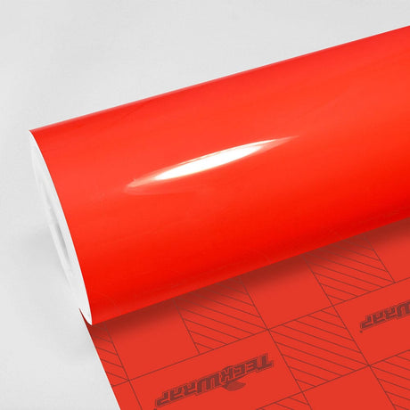 TeckWrap Lava Orange Gloss Vinyl Wrap (CG24-HD) showcasing a vibrant, high-gloss finish ideal for dynamic vehicle customization.