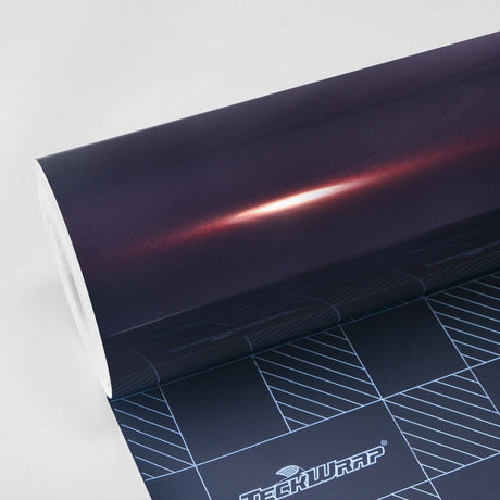 TeckWrap Gloss Burgundy Black (HM10-HD) Vinyl Wrap roll highlighting its rich glossy finish with subtle burgundy hues for car customization.