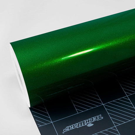 Roll of TeckWrap Ruby Green (RB26-HD) Gloss Vinyl Wrap showcasing a vibrant green metallic finish