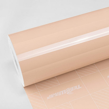 TeckWrap Sahara Beige (CG46-HD) Gloss Vinyl Wrap Roll showcasing its sleek, glossy finish and soft beige hue.