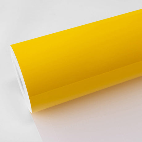 Roll of TeckWrap Sunray Yellow gloss vinyl wrap, highlighting its vibrant color and reflective gloss finish.
