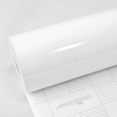 Close-up of Teckwrap Super White (CG02-HD) gloss vinyl wrap roll, highlighting its pristine, high-gloss white finish.